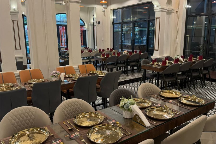Elegant dining hall set for groups at Benaras Heritage Restaurant Ho Chi Minh City