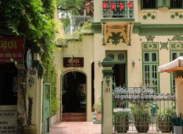 Exterior view of Chay Hoi Vegetarian Restaurant in Hanoi with traditional French colonial architecture