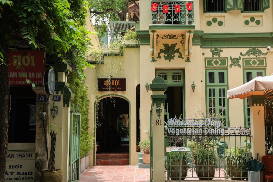 Exterior view of Chay Hoi Vegetarian Restaurant in Hanoi with traditional French colonial architecture