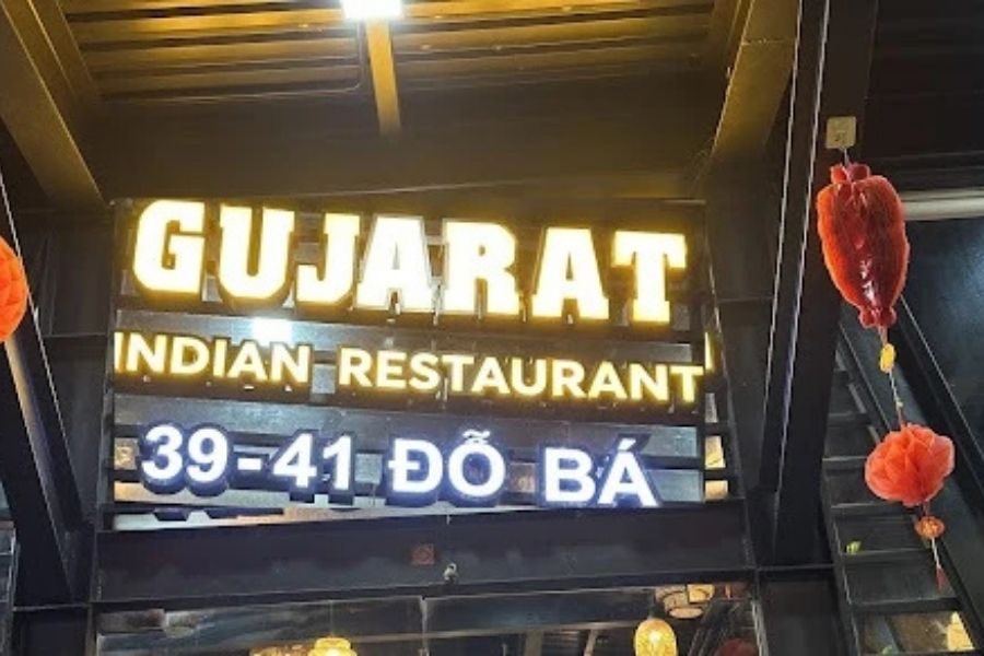 Gujarat Indian Restaurant illuminated signage with address 39-41 Do Ba
