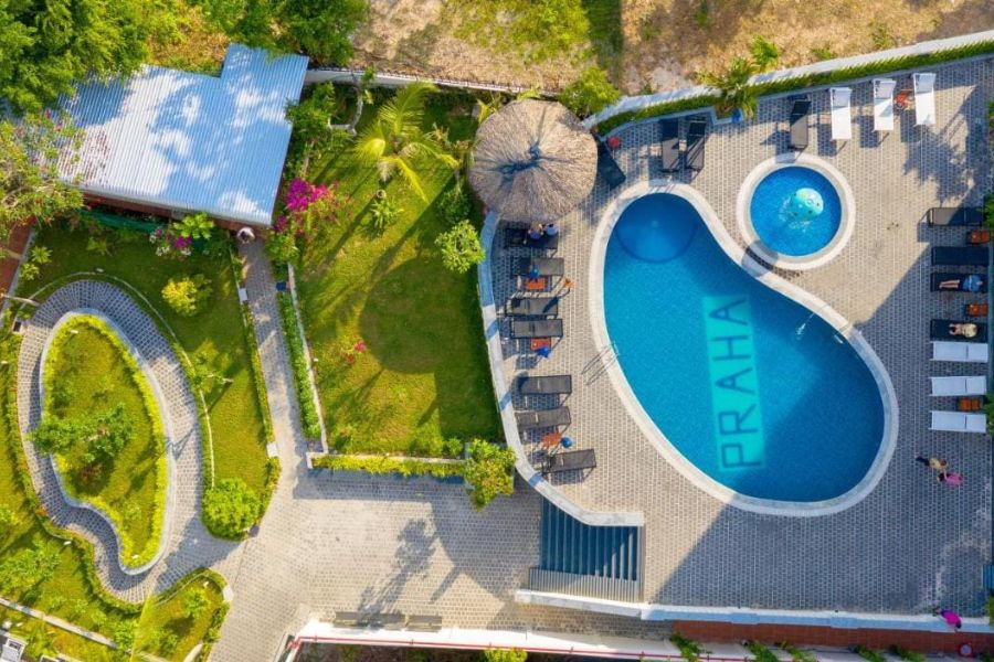 Aerial view of Praha Hotel Phu Quoc pool and landscaped garden