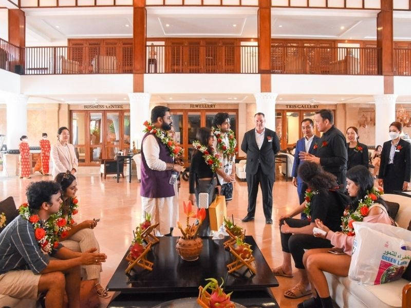 Indian travelers welcomed at luxury resort lobby in vietnam