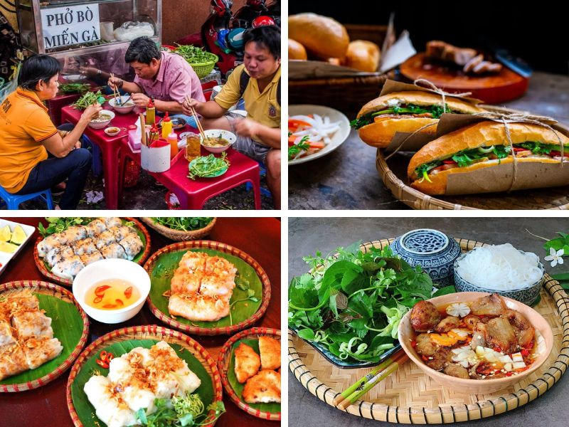 Popular Vietnamese street foods including pho, banh mi and rice