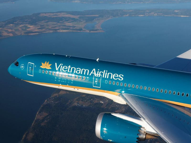 Vietnam Airlines airplane flying over Vietnam coastline