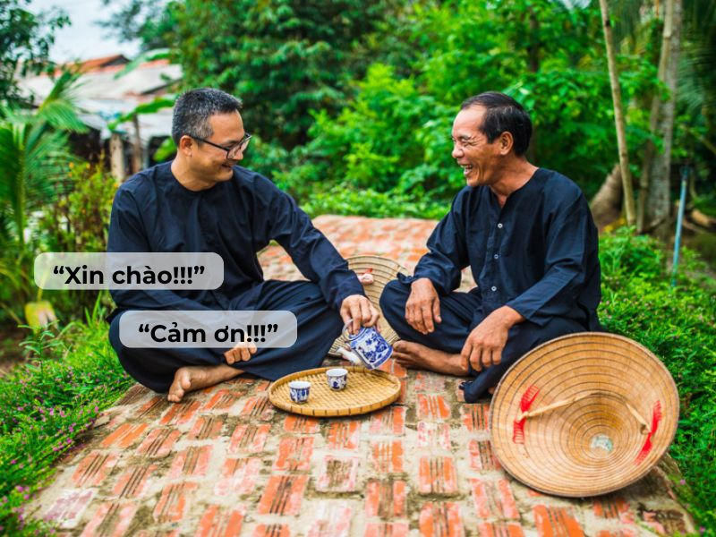 Vietnamese locals greeting each other in traditional setting