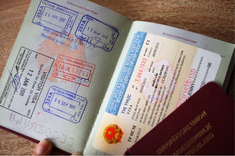 Vietnam visa on arrival sticker on a passport