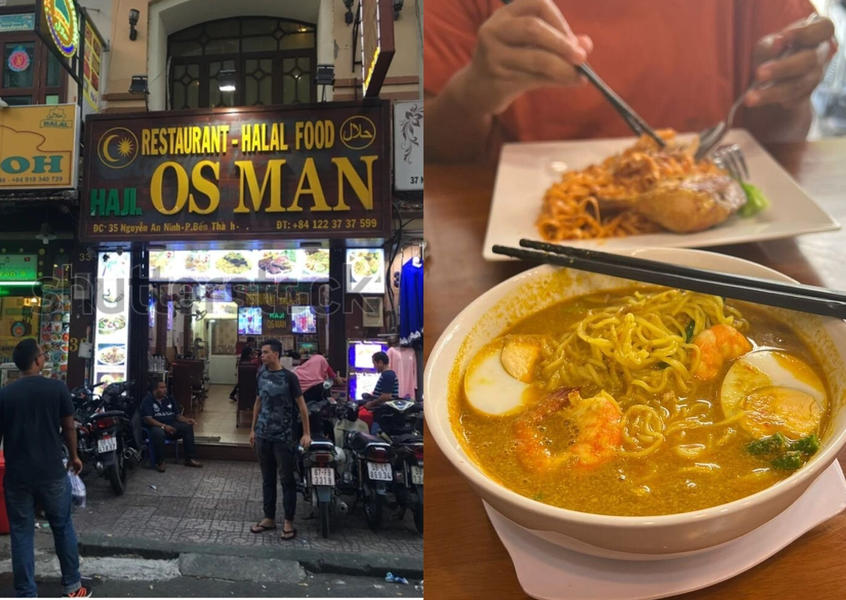 Halal Osman restaurant facade and curry noodle soup Saigon