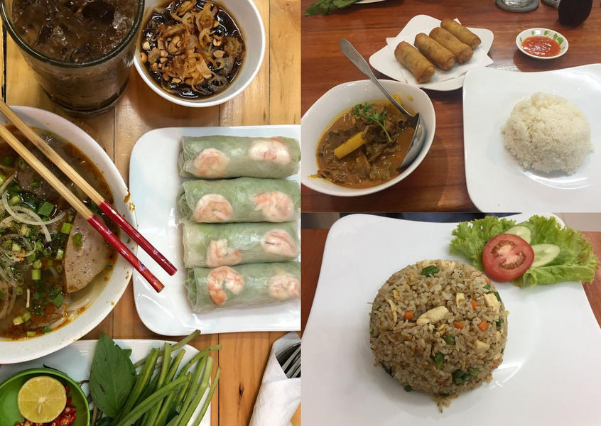 Halal Vietnamese dishes: fresh spring rolls, fried rice and curry