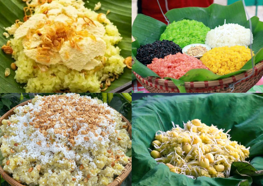 A four-panel collage showing different varieties of sticky rice