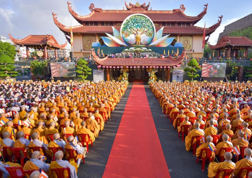 Hundreds of Buddhist monks gathered in ceremony at a Vietnamese pagoda
