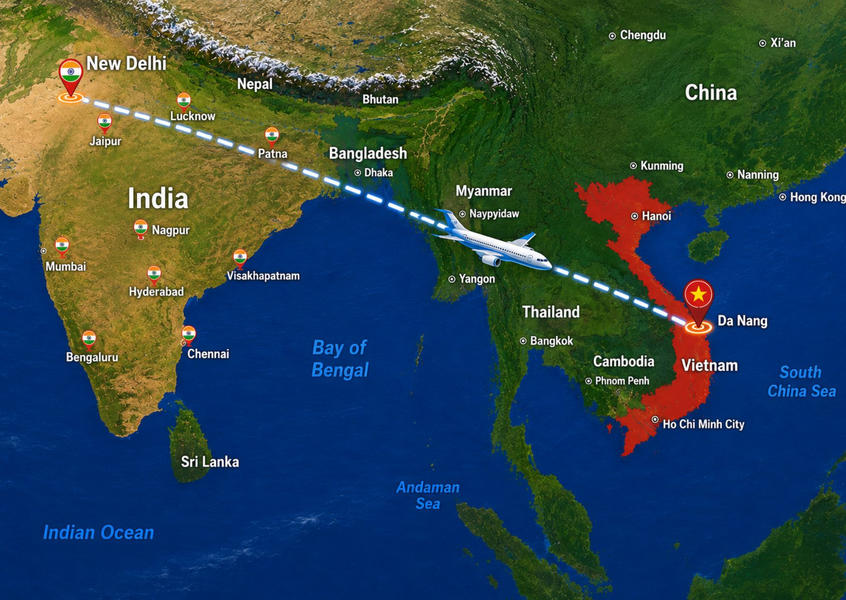 Direct flight route map from India to Da Nang Vietnam