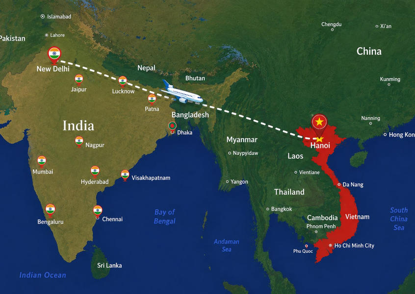 Direct flight route map from India to Ho Chi Minh City