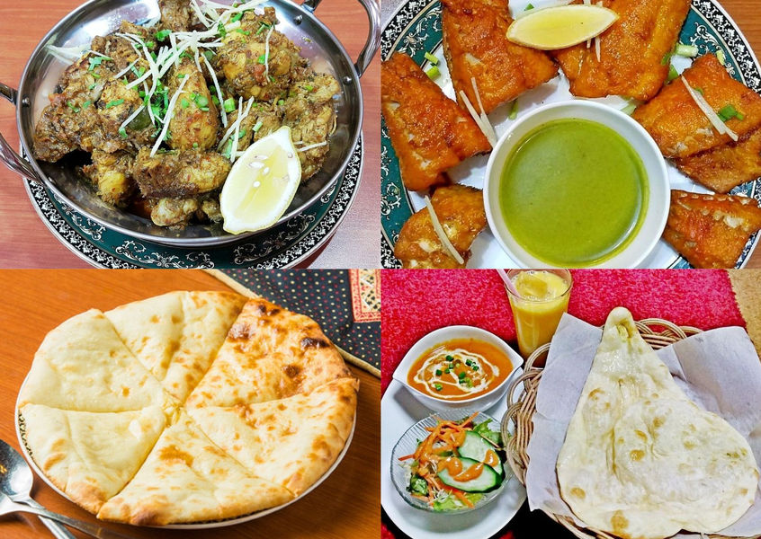 Collage of Indian food with naan, curry, and fried fish