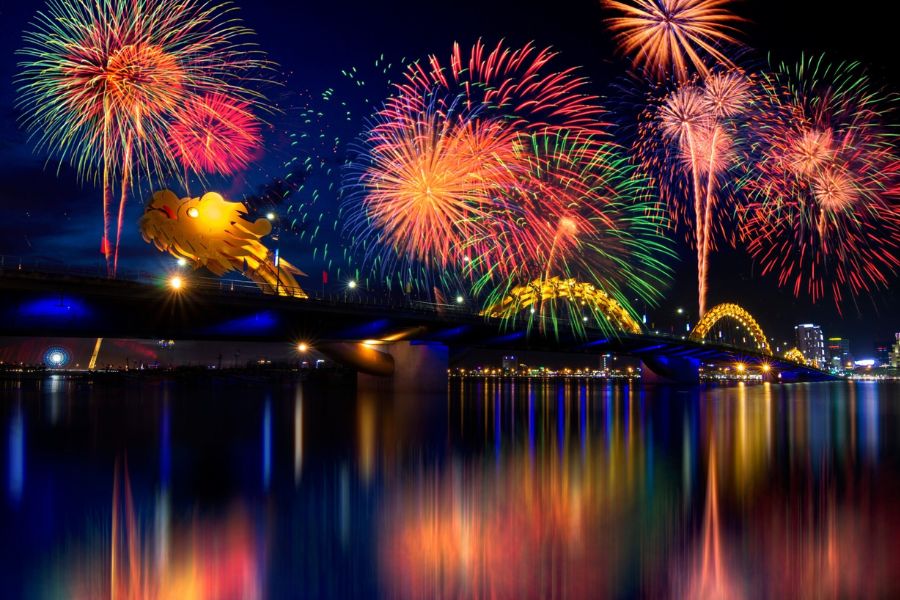 Fireworks display over Dragon Bridge on Da Nang's Han River