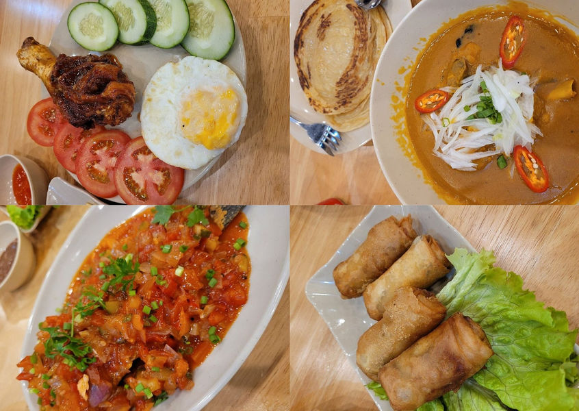 Halal Food Karim dishes: grilled chicken, curry, spring rolls