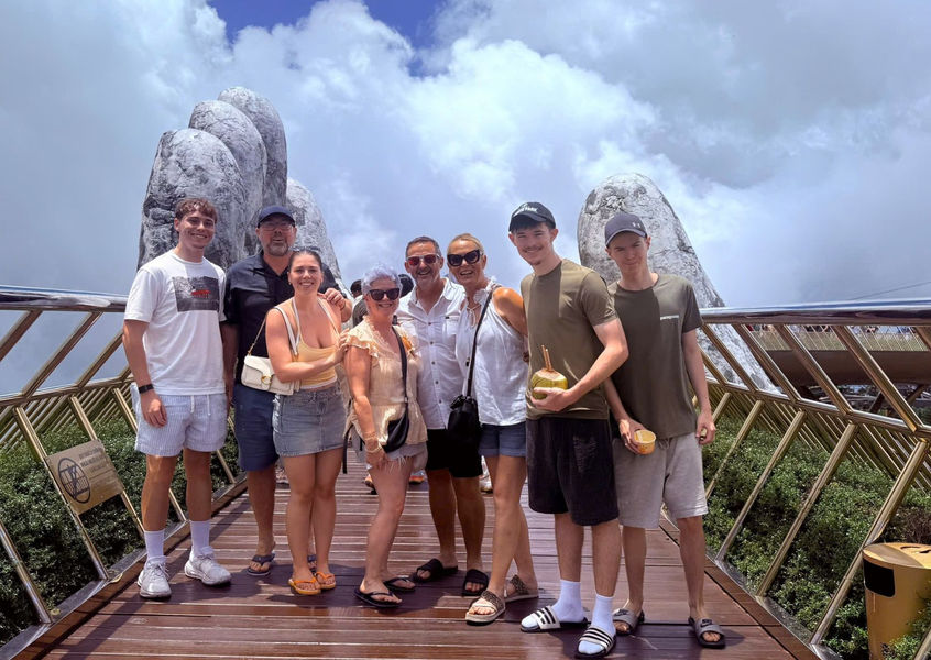 Group of tourists at Golden Bridge in Ba Na Hills, Da Nang