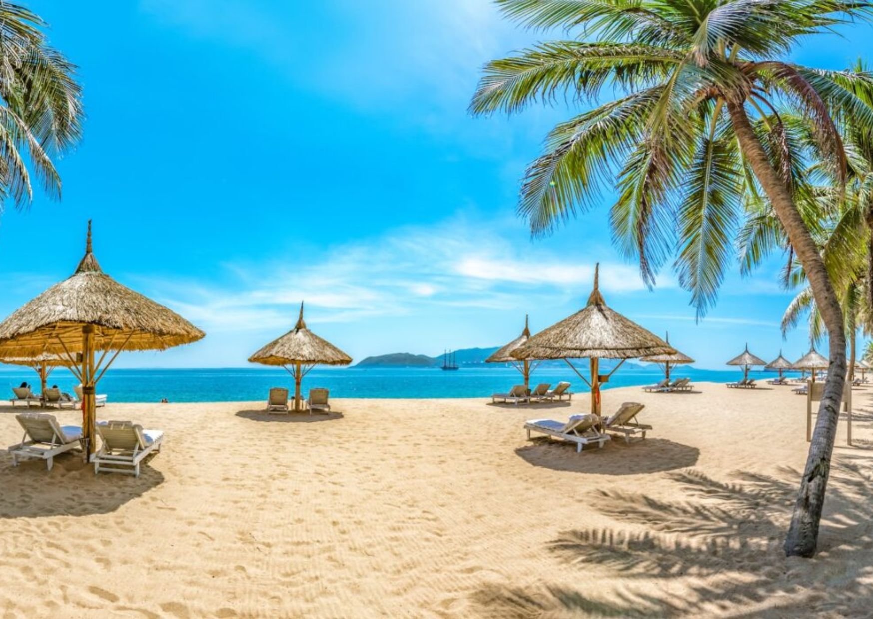 Thatched beach umbrellas and loungers on white sand, Nha Trang