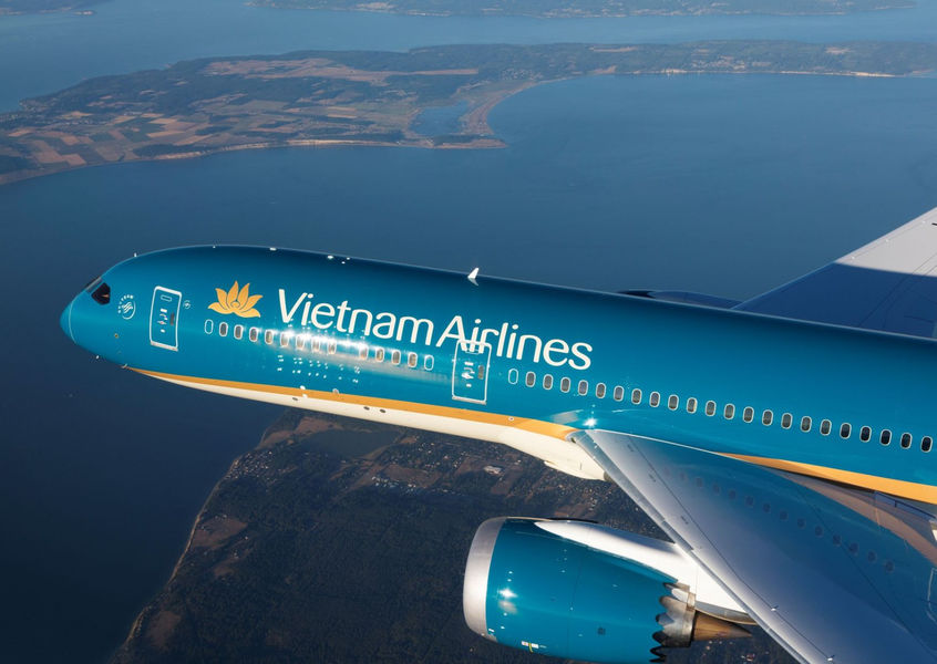Vietnam Airlines aircraft flying over Vietnam coastline