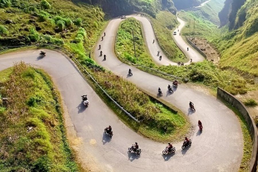 Aerial view of hairpin motorbike road in Ha Giang, Vietnam