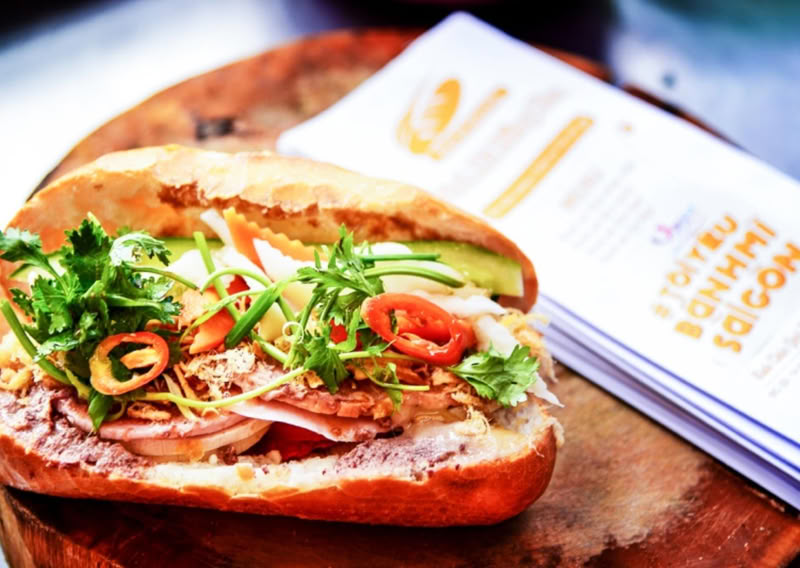 Saigon banh mi sandwich with pork and fresh herbs