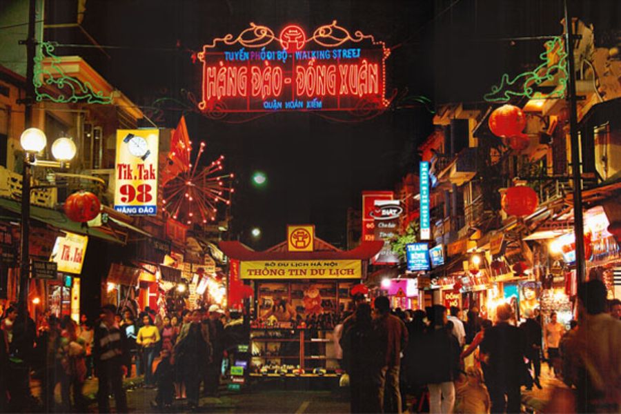 Hang Dao Dong Xuan walking street sign at Hanoi Night Market