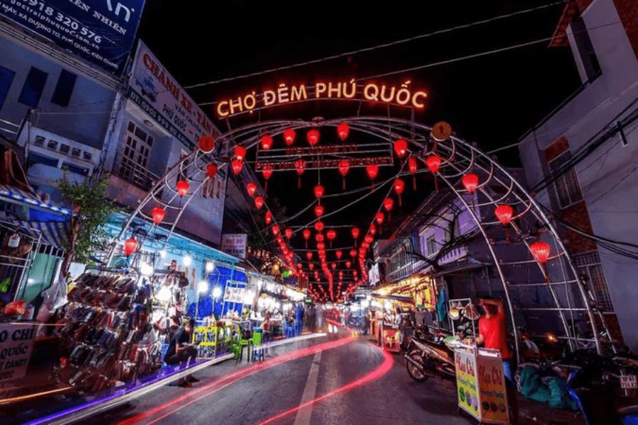 Phu Quoc Night Market entrance arch with red lanterns