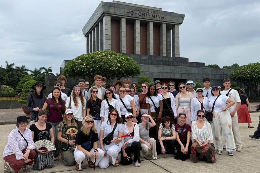 Tour group visiting Ho Chi Minh Mausoleum in Hanoi, Vietnam