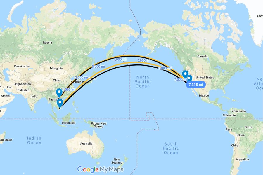 Flight route map showing distance from Vietnam to the United States